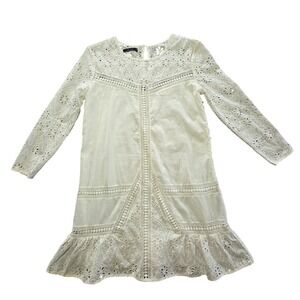 DELUC‎ Jane White Eyelet Lace Long Sleeve Dress Ruffle Hem Womens Medium